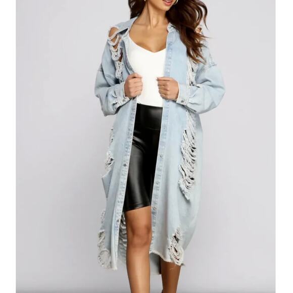 Highway Jeans Jackets & Blazers - Highway Jeans NWOT Vintage Wash Destroyed Denim Jean Long Line Dress Jacket